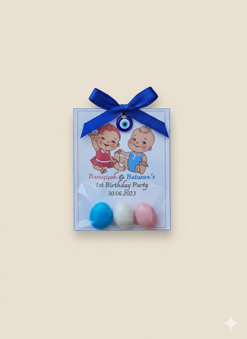 Customized Baby Birthday Party Favors with Evil Eye Charm for Twin babies
