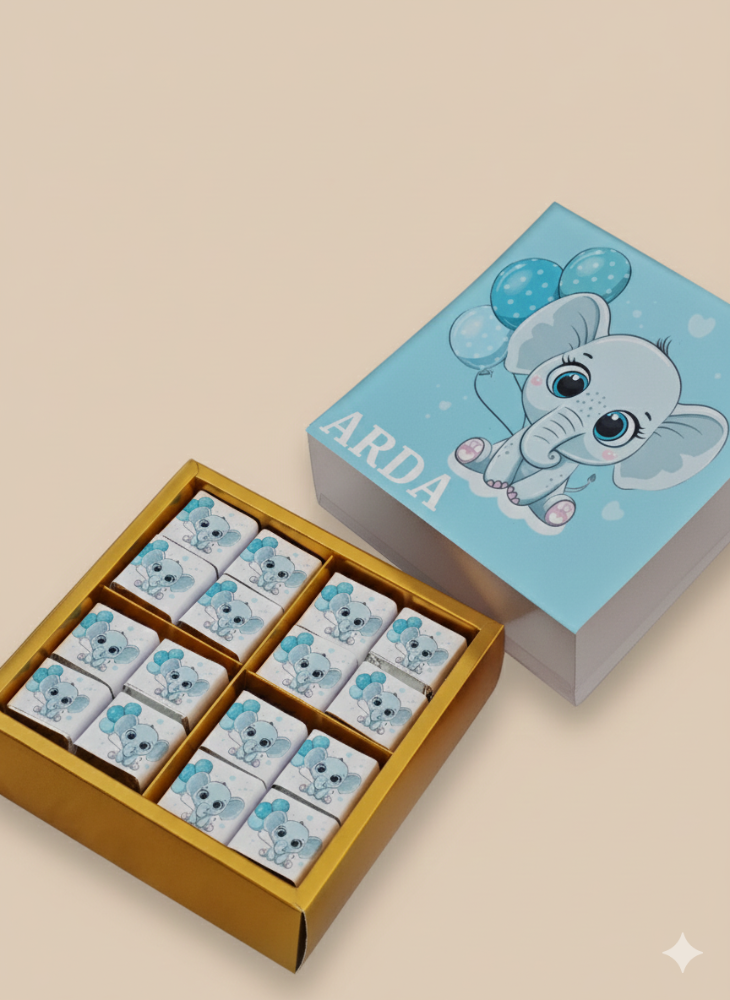 Box of chocolates with a cartoon elephant design and 'ARIDA' branding on a beige background