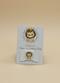 Invitation card with lion design and text on a beige background