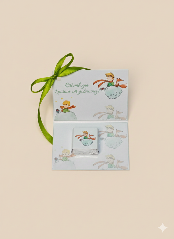 Greeting card with cartoon characters and a green ribbon on a beige background