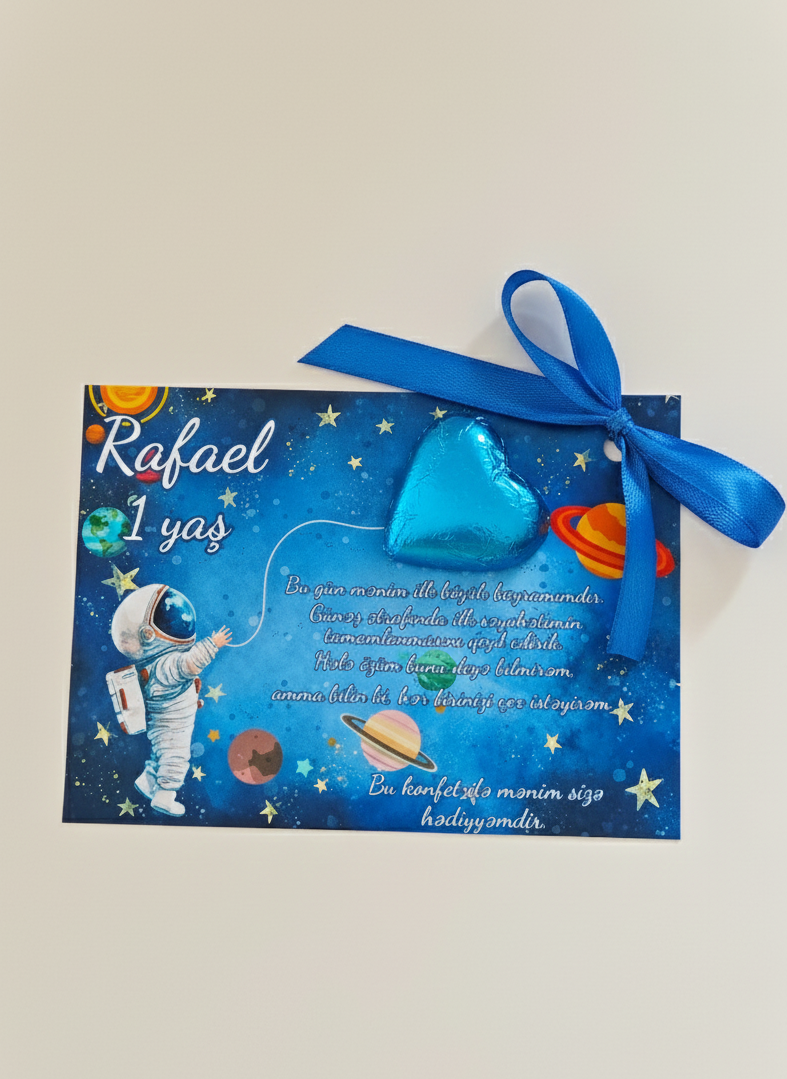 Space-themed birthday card with an astronaut illustration and blue ribbon on a light gray background