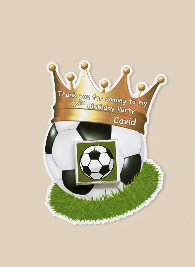 Soccer King Birthday Favors, Custom Football Party Gifts, 3D Soccer Ball Cutout Treats, Personalized Boys Birthday Chocolate Cards, Cavid 12th Birthday Keepsakes, Sports Team Thank You Gifts, Gold Crown Soccer Decor.