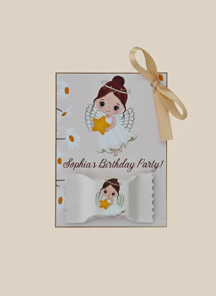 Invitation card with cartoon character and 'Sophia's Birthday Party!' text on a beige background