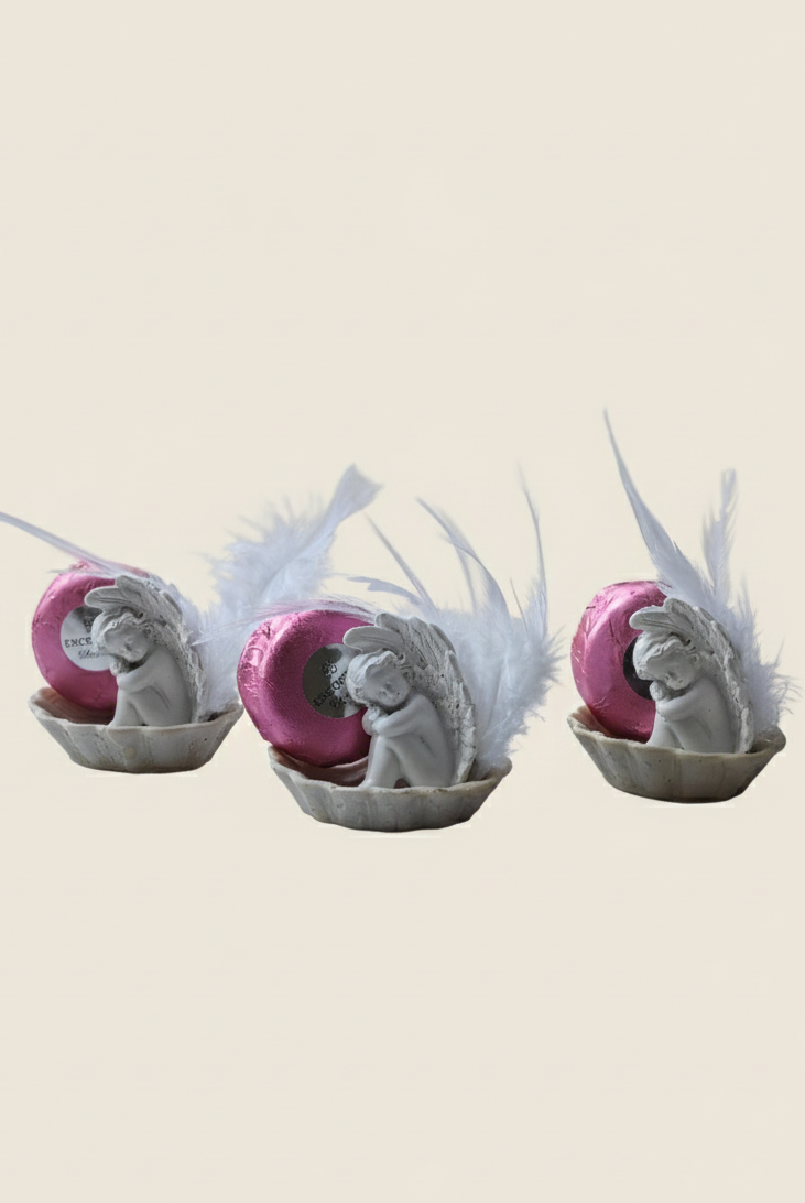 Three decorative items with pink centers and white feathers on a beige background