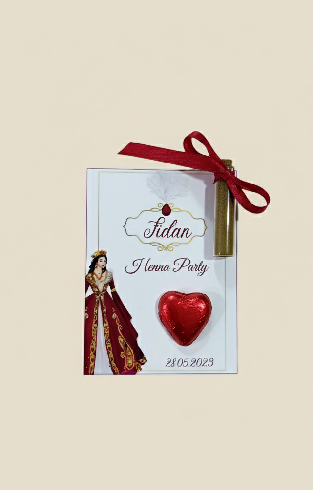 Henna party invitation with a red ribbon on a beige background