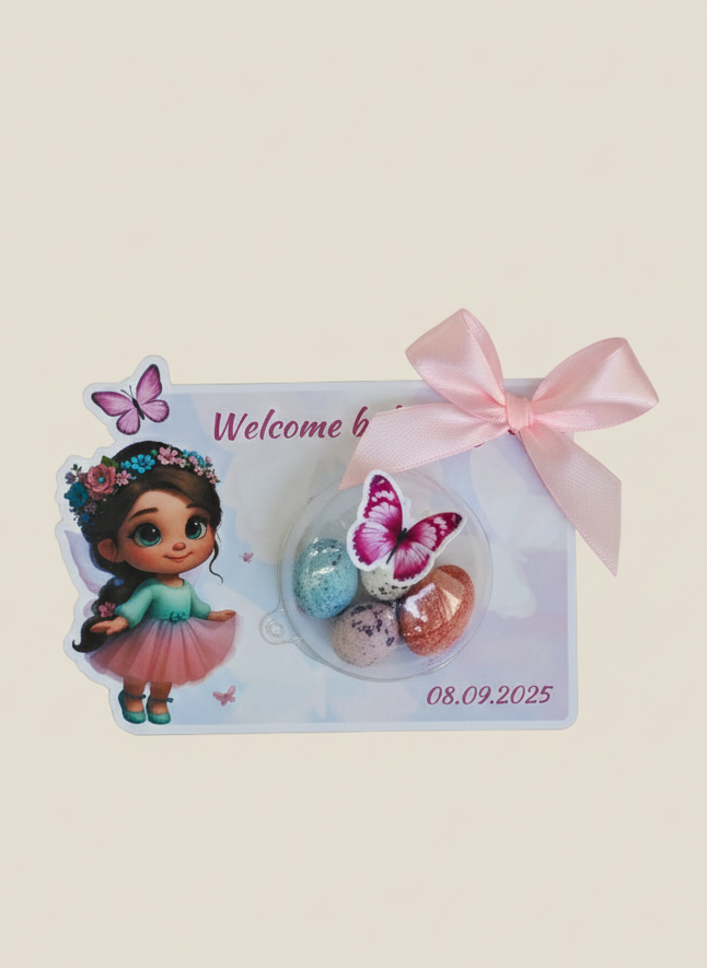 Greeting card with a doll and decorative elements on a beige background