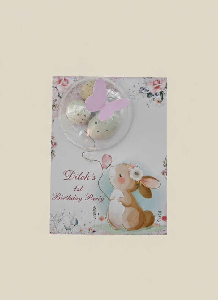 Children's birthday party invitation with bunny and balloons on a floral background