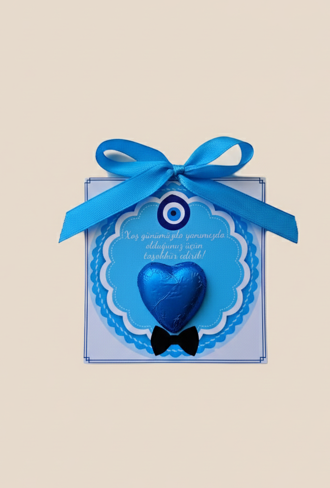 Blue heart-shaped object with a bow on a beige background