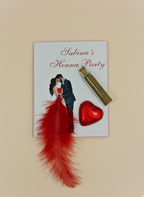 Henna party invitation with red feather, heart-shaped container, and couple illustration on a beige background