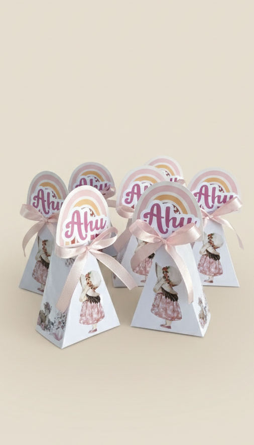 Personalized Boho Rainbow Mini Pyramid Favor Boxes - Custom Girl's Birthday Treat Box with Pink Satin Bow