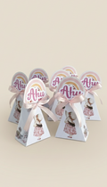 Personalized Boho Rainbow Mini Pyramid Favor Boxes - Custom Girl's Birthday Treat Box with Pink Satin Bow