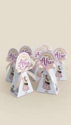 Personalized Boho Rainbow Mini Pyramid Favor Boxes - Custom Girl's Birthday Treat Box with Pink Satin Bow