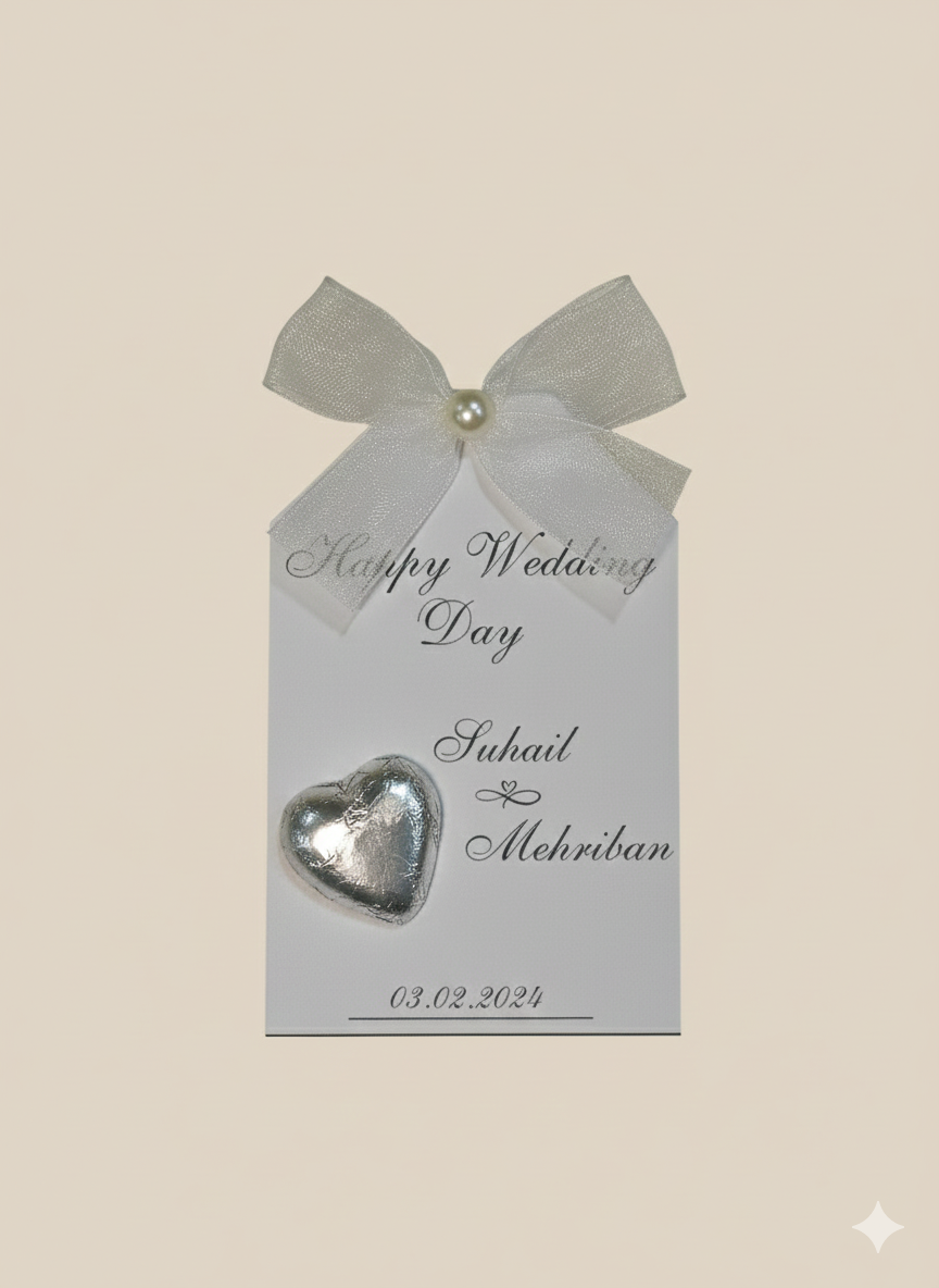“Happy Wedding Day” Silver Chocolate Card with Name & Tag – Guest Table Favor
