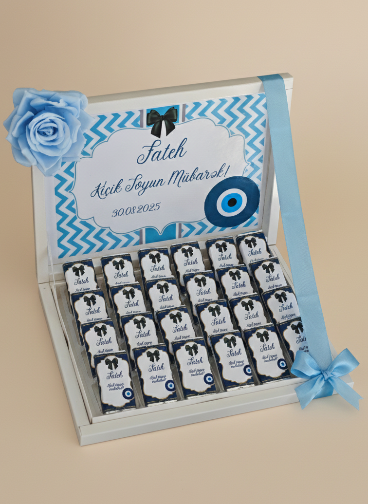 Decorative box with small containers, a blue flower, and personalized text on a beige background