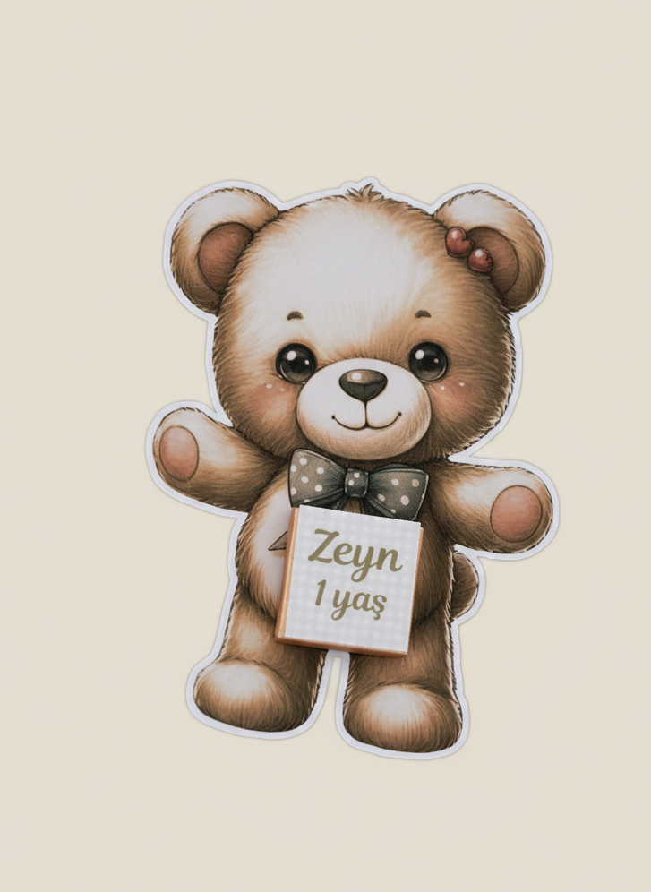Teddy bear holding a sign with 'Zeyn 1 yas' on a beige background