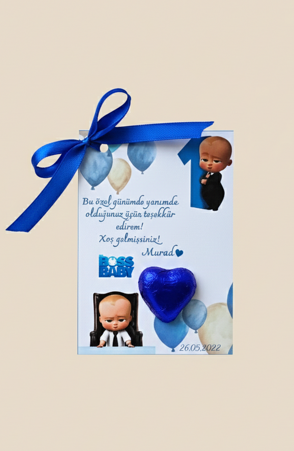 Gift card with blue ribbon and baby-themed design on a beige background