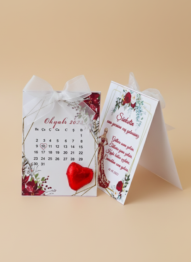 Calendar with floral design and red heart on a beige background