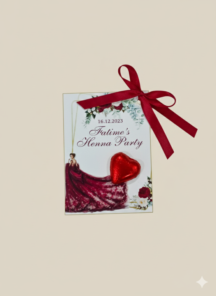 Invitation card for a Henna Party with a red dress and heart design, tied with a red ribbon on a beige background.
