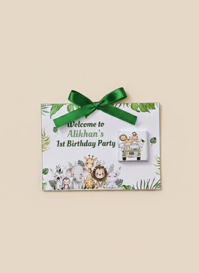 Birthday party invitation with jungle theme and green ribbon on a beige background