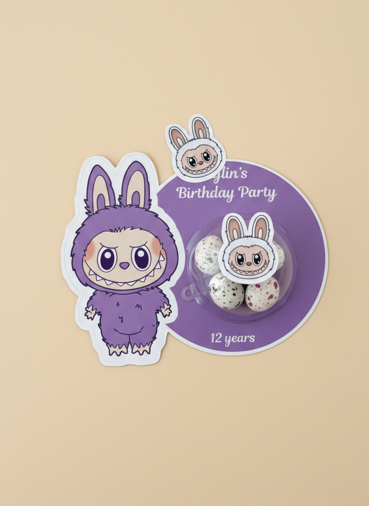 Labubu with a character in a purple costume on a beige background