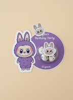 Labubu with a character in a purple costume on a beige background