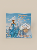 Cinderella-themed birthday party invitation with castle and fairy godmother on a beige background