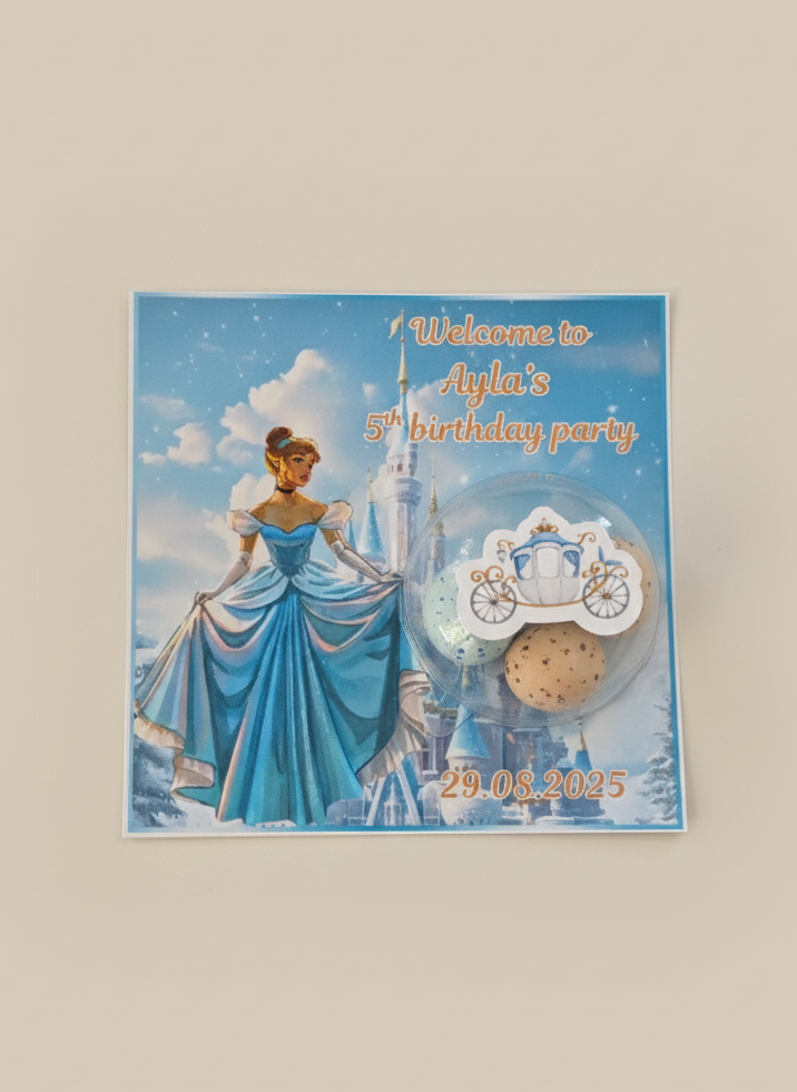 Cinderella-themed birthday party invitation with castle and fairy godmother on a beige background