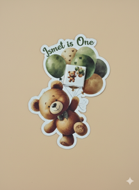 Sticker of a teddy bear holding balloons with text on a beige background