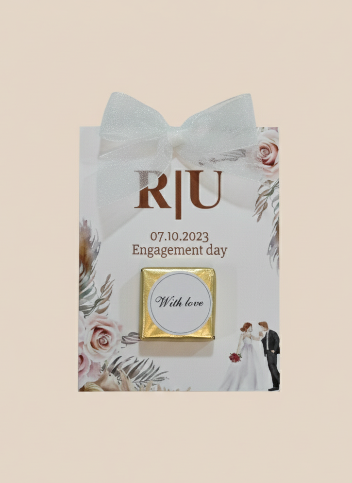 Personalized wedding favor bag with floral design and text on a beige background