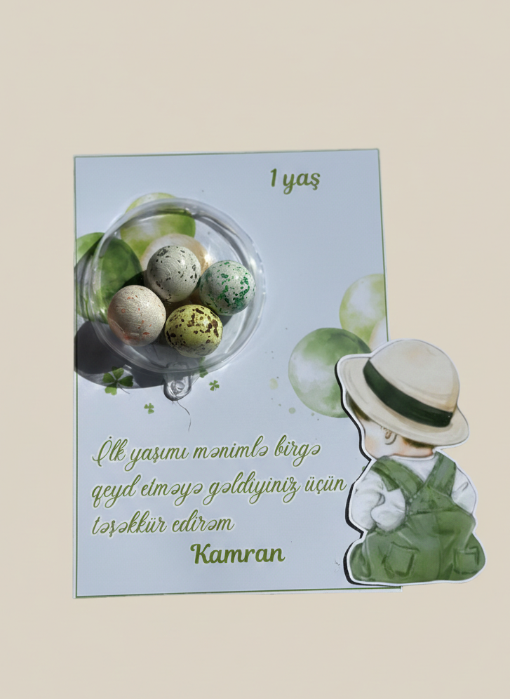 Greeting card with a child's illustration and text on a beige background