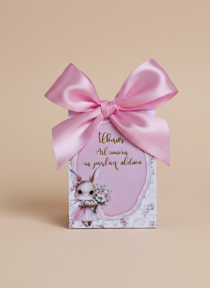 Pink gift box with a bow on a beige background