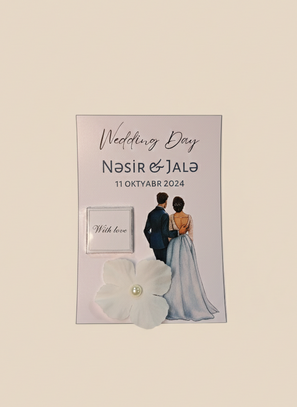 Wedding invitation card with couple illustration and flower on a beige background