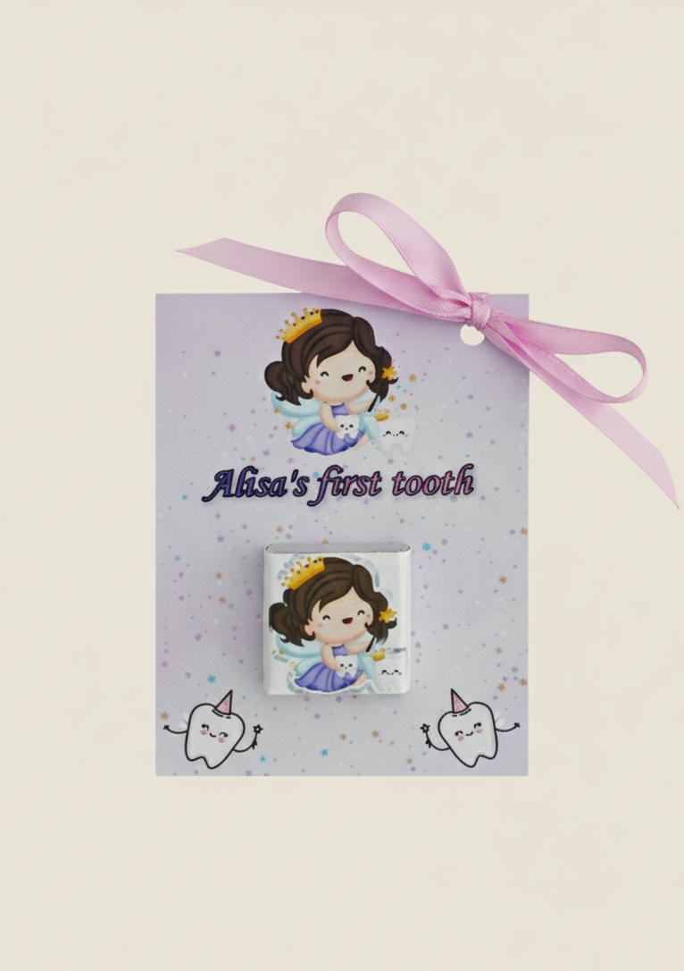 Card with a fairy illustration and a small box labeled 'Alisa's first tooth' on a light beige background.