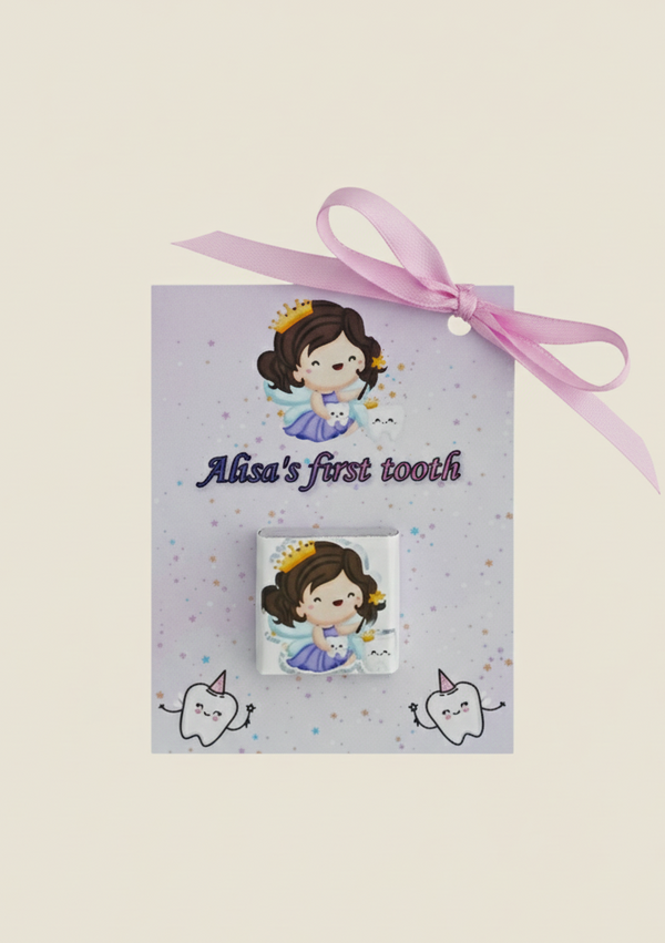 Card with a fairy illustration and a small box labeled 'Alisa's first tooth' on a light beige background.