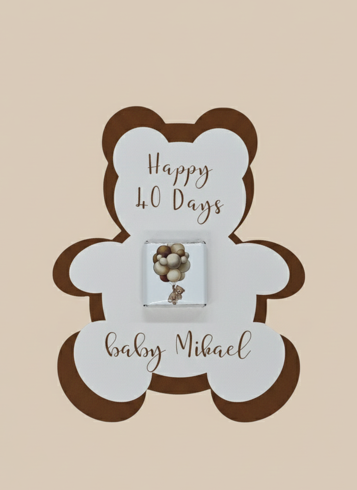 Baby milestone card with teddy bear design for 40 days, featuring 'Happy 40 Days' and 'baby Michael'.