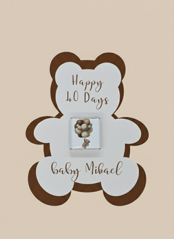 Baby milestone card with teddy bear design for 40 days, featuring 'Happy 40 Days' and 'baby Michael'.