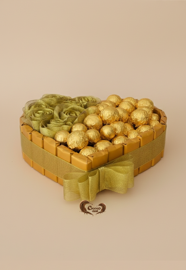Heart-shaped box with green and gold elements on a beige background