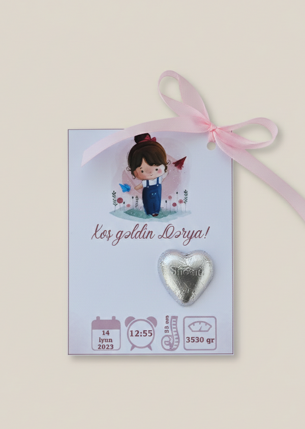Decorative card with a heart-shaped object and cartoon character on a light background
