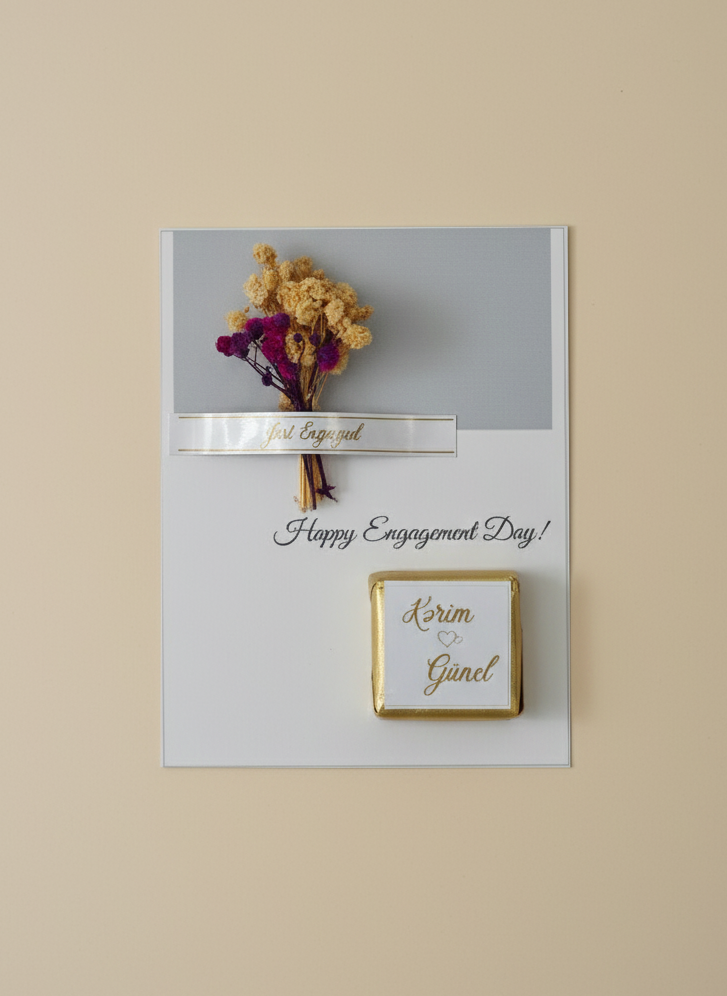 Greeting card with a small box and flowers on a beige background
