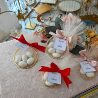 Golden Ring-Shaped Engagement Favors with 3 or 5 Chocolate Dragees