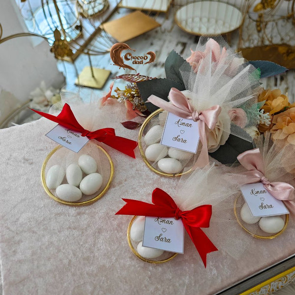 Golden Ring-Shaped Engagement Favors with 3 or 5 Chocolate Dragees