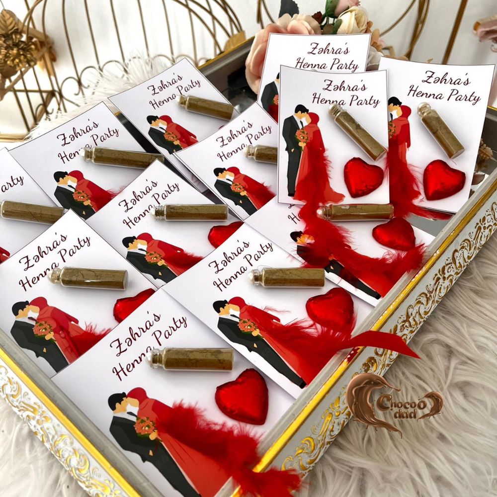 Henna-Themed Red Chocolate Cards | Custom Name Design for Henna Parties