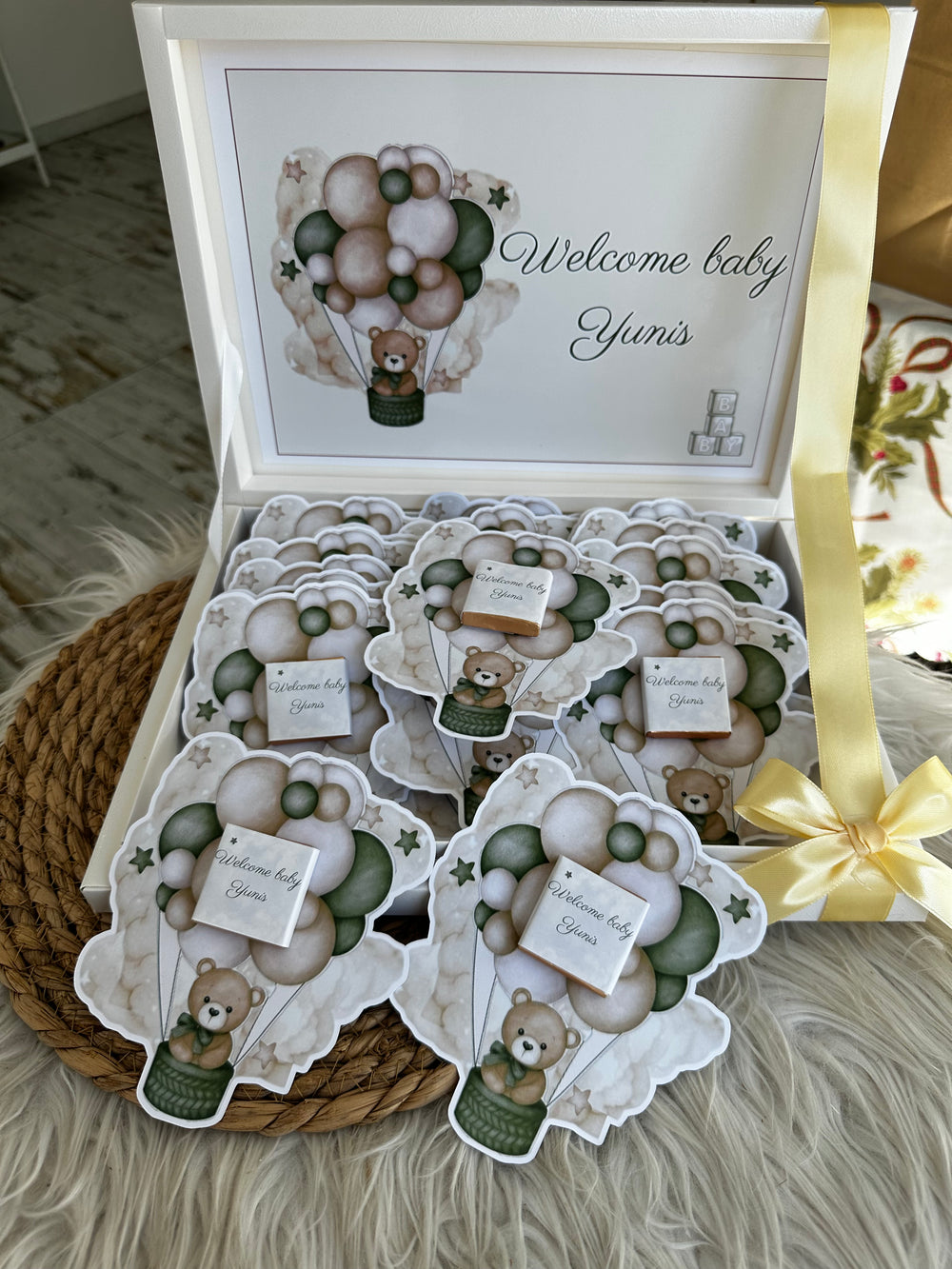 Sage Green Teddy Bear Balloon Newborn Shadow Box — Welcome Baby Boy — Chocoodad Baku