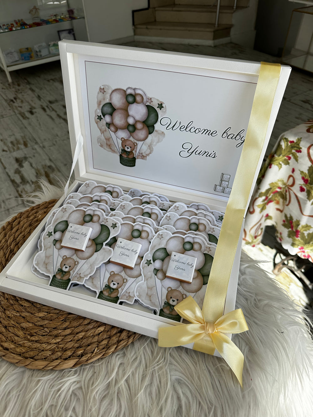 Sage Green Teddy Bear Balloon Newborn Shadow Box — Welcome Baby Boy — Chocoodad Baku