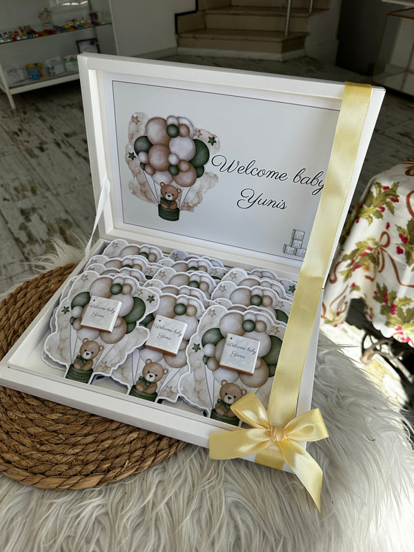 Sage Green Teddy Bear Balloon Newborn Shadow Box — Welcome Baby Boy — Chocoodad Baku