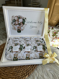 Personalized 24-Piece Baby Boy Chocolate Gift Set – Custom "Welcome Baby Yunis" Keepsake Box with Teddy Bear Hot Air Balloon Theme
