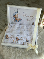Personalized 24-Piece Baby Boy Chocolate Gift Set – Custom "Welcome Baby Tunc" Keepsake Box with Celestial Teddy Bear Theme