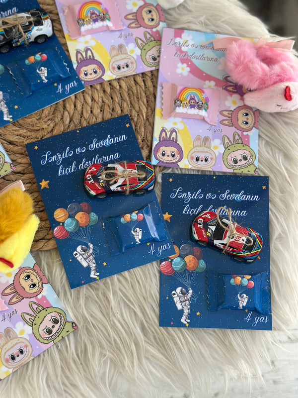Space & Labubu Mixed Birthday Accessory Favour Card — Toy + Chocolate — Chocoodad Baku