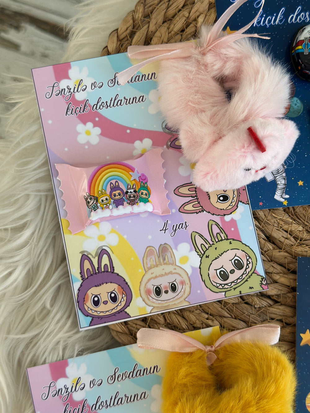 Space & Labubu Mixed Birthday Accessory Favour Card — Toy + Chocolate — Chocoodad Baku