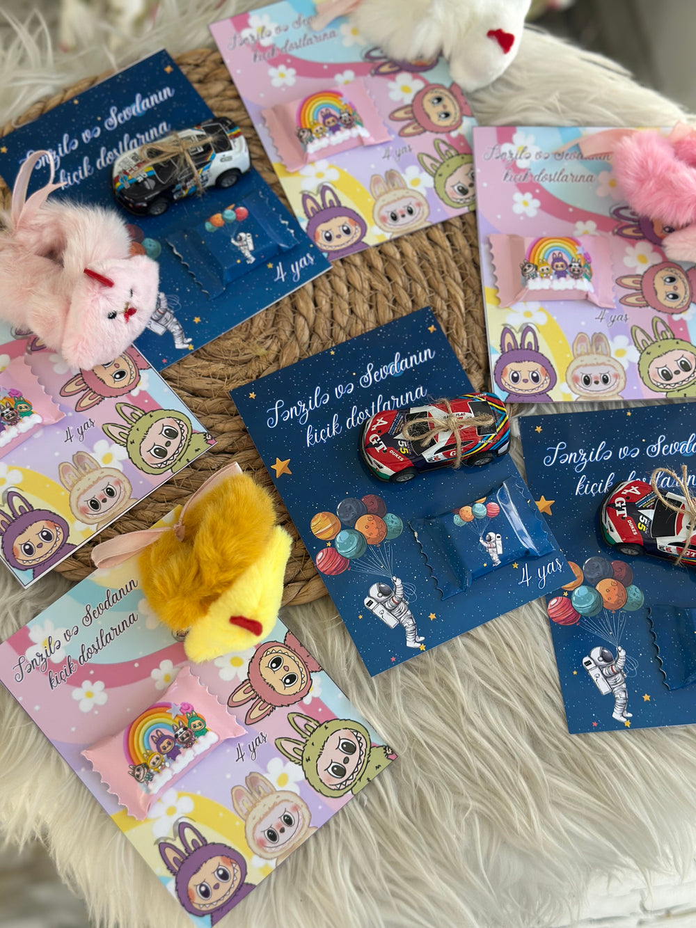 Space & Labubu Mixed Birthday Accessory Favour Card — Toy + Chocolate — Chocoodad Baku